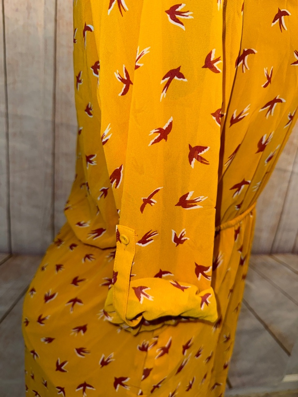 Signature Studio Yellow Sparrow Bird-Print Mini Dress, drawstring waist, Sz L - Picture 4 of 9